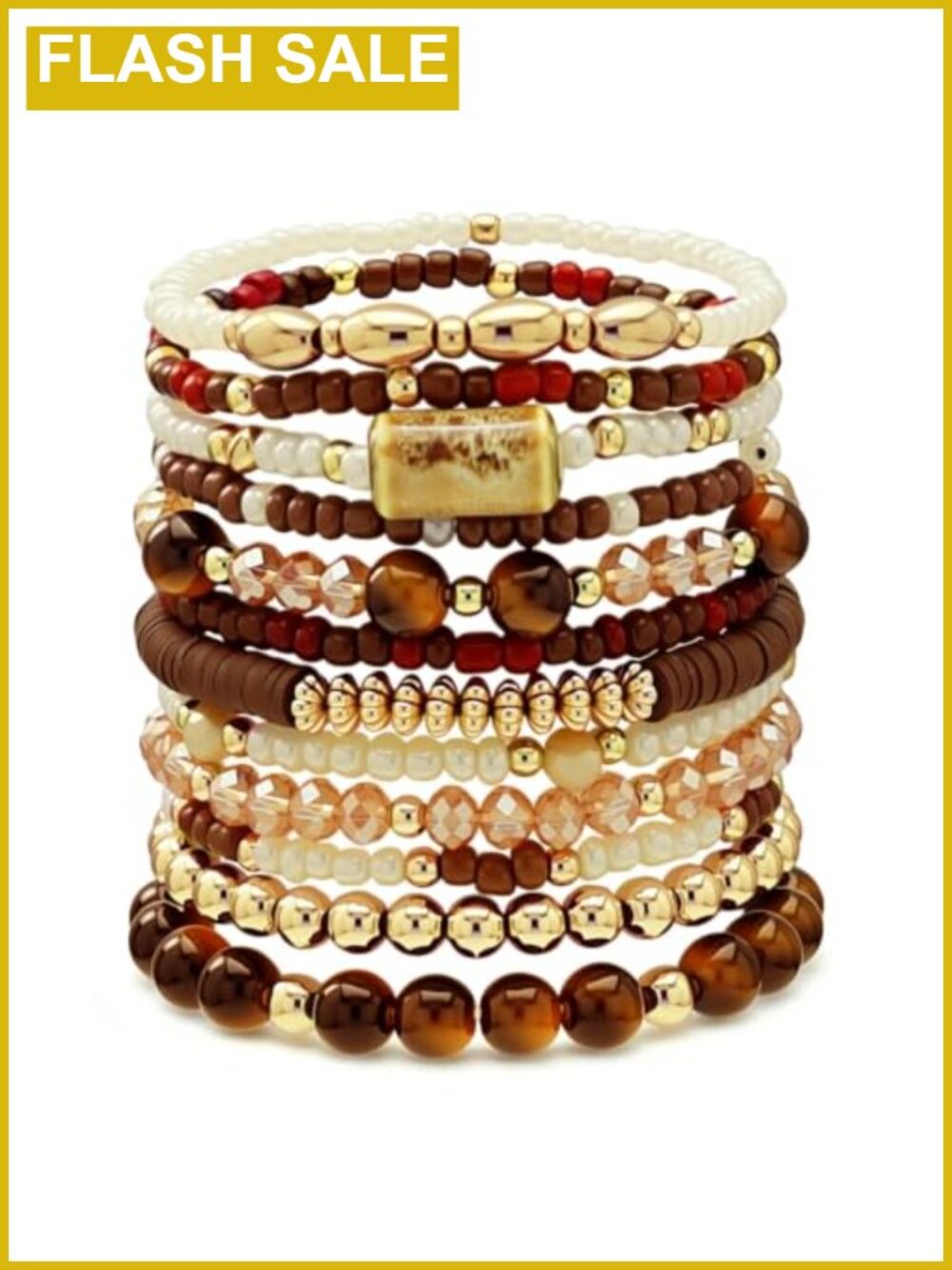 10 Pcs Stackable Bohemian Beaded Bracelets, Wooden Turquoise Stretch, Boho